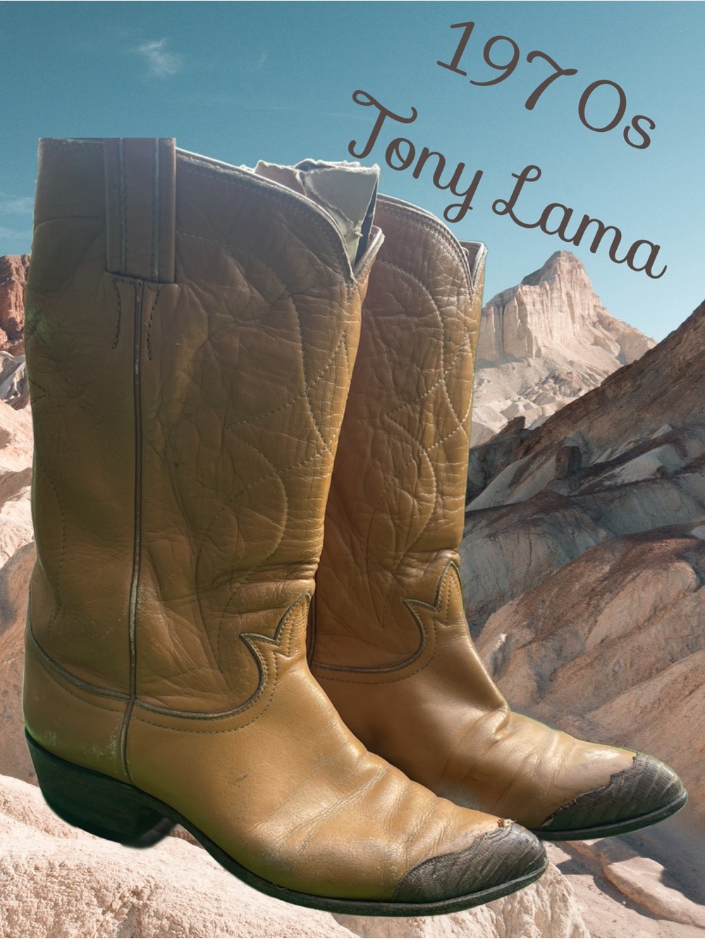 SOLD✨VINTAGE Tony Lama Tan/Leather Cowboy Boots w/ lizard toe caps